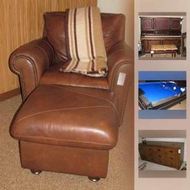 MaxSold Auction: This online auction features a Rhino air hockey table. Ornate upright piano. FURNITURE: Modern coffee table with ottomans that store underneath; several sectional sofa's; office; dining tables and chairs; server; campaign style 9 drawer dresser. ELECTRONICS: Several printers. CHINA: 60 pieces Spode "Christmas Tree" in boxes; Noritake " Brussels" 64 piece set; 16 pieces Ionia Hellas Greek cups and saucers. CRYSTAL: Waterford; stemware. COLLECTIBLE: Pyrex mixing bowls; mad magazines and much more!