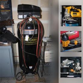 MaxSold Auction: This online auction features an air compressor, power tools, yard tools, gardening supplies, shelving units, painting tools, sports equipment, box freezer, luggage, guitar, hoover, outdoor toys, aquarium, and much more!