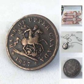 MaxSold Auction: This online auction features Old early Canadian token, Old American Coin 90%silver, 1863 USA Indian Head Penny, 1902 Canadian Circulated 1 Cent Coin, Crescent moon Pendant made of shell and Sterling silver, .925 Sterling Silver Bracelet, A Day In The Life Of The Maple Leafs book, Pong Star, 4 Ninja Turtles, and a Wooden Gavel plus much more!