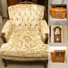 MaxSold Auction: This online auction features vintage wood furniture, glass top coffee and end tables, decor, tapestry wall hanging, art glass vase and bowl, antique New Domestic sewing machine, Christmas tree and stand, vintage console stereos, Underwood typewriter, 1969 Pontiac fender skirts and much more!