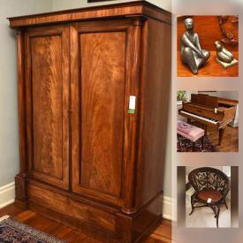 MaxSold Auction: This MaxSold downsizing online auction featured A Heintzman grand piano and bench covered in tapestry. ANTIQUE: Burled maple front armoire; Mahogany china cabinet; turquoise pressed glass cruet set with triple plate stand, VINTAGE: Brown wicker/wood chair; round pedestal side tables; pedestal dining table; oak occasional table. FURNITURE: Ethan Allen bedroom; modern glass with double pedestal dining table; Bernhardt table/desk; armoires; church pews; china cabinet; pine cabinet assembled with square nails and more! ART: Two limited edition prints by Rosyln Swartzman; Charcoals by Susan Menzies; original watercolour by Gardner; numbered prints by artists Allen Smutylo and Terry McDonald; bronze figures and much more! What a find!