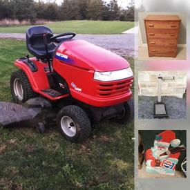 MaxSold Auction: This online auction features Birks Brand Wedding Dress, Vulcon childs sewing machine, Milk Bottles, BOSS 18 Inch Rims and BFG Tires, Donkey Cigarette Dispenser, Metal Lions Sign, Suzuki Marine store sign, Antique Saddle Horse, Bailey Meters Box, Craftsman Lawn Tractor, and much more!