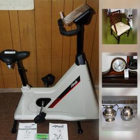 MaxSold Auction: This online auction includes electronics such as a Yamaha CD player, JVC receiver, Yamaha Portatone keyboard, Brother laser printer and a Samsung 14 TV; furniture including a teak arm chair, card table and chairs, nesting tables and a vintage oak leather top desk; collectibles including wood carved birds, vintage camera equipment, vintage barometer, teacups and saucers, Eatonia steamer trunk, and a model airplane; decor including a Sessions mantle clock, fireplace tools and original art; kitchenware including Spode Copeland china, crystal stemware and small appliances. Also included are a vintage White sewing machine, Hoover and Kenmore vacuums, car bike rack, mobility walker, lawn bowling balls, vintage croquet set, vintage Craftsman power tools, vertical file cabinet and much more!