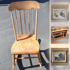 MaxSold Auction: This online auction features furniture, glass top tables, antique game table, antique church pew, original art, a Panasonic CD system, tableware, kitchenware and much more!