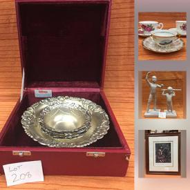 MaxSold Auction: This online auction features a silver plate tea set, plus more. CRYSTAL/GLASS: Cross and Olive; Waterford clocks; Avon red goblets; Fire King milk glass mugs. Russian lacquer ware tray and egg cups. ART: Paul Tracy picture. Black and whit photo's. COLLECTIBLE: Misty mountain decorative plates, plus more; Disney; Coca cola; thimble collection; Precious Moments and more! CHINA/STONEWARE: Tea cups sets; royalty; brown glazed stoneware and more! HANDMADE: Cross stitch. VINTAGE: Chrome canister set; suitcases; insulators and much more!