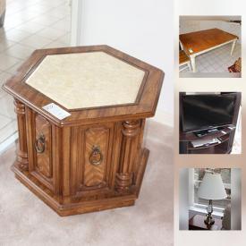 MaxSold Auction: This online auction features FURNITURE: Dining room, living room, kitchen table and 4 chairs, bedroom, patio. Sony flatscreen TV and Toshiba DVD player. CHINA: Paragon "Remember Me" place setting for 12; Gabbay dish set. CRYSTAL/GLASS: Stemware. and more!