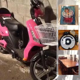 MaxSold Auction: This online auction features a hot pink Daymak Driver electric bike. iRobot Roomba vacuum. FURNITURE: Dining table and 8 chairs, Baker's rack, wrought iron head and foot board, office, armchairs. VINTAGE: Parlour table with ball and claw feet. Wii fit plus balance board/games. Golf clubs and bag. Carpets. POWER TOOLS/TOOLS. Lawn and garden. COLLECTIBLE: Milk glass lamp shade; wooden looming tools; pocket watches; linens; Beanie Babies; hotwheels/matchbox cars; hockey cards; bean pots. CHINA: Royal Worcester dutch ovens; Ralph Lauren plates; Johnson Bros. "Snow white" dishes. tea cups sets. GLASS/CRYSTAL: Blue decanter set; Versace and Rosenthal bottle stoppers; serving pieces; Cristal D'arques glass; mid century bar glasses in rack. Silver plate and much more!