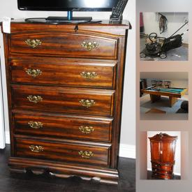 MaxSold Auction: This online auction features lamps, glassware, china cabinet, wall art, DVD player, laptop, tools, pool table, TV, vacuum cleaner, dolls, lawn mower, office supplies, and much more!