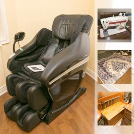 MaxSold Auction: This online auction features a Zero gravity capsule massage chair. FURNITURE: Fancy veneer drop down desk; metal and glass shelving unit; rose marble topped table; carved chest; pine furniture. 4 Snow King Star snow tires. Kid's bicycles. Golf Clubs. Popular Pro electric chainsaw. Snow thrower. Singer Stylist sewing machine. Exercise equipment including a iGallop. Electronics: Audio/visual. Crystal stemware. COLLECTIBLE: Coins; STERLING SILVER Mini ingot collections-Flags of the US and Great Sailing Ships of History and much more!