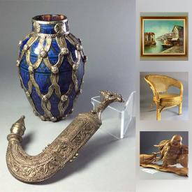 MaxSold Auction: This online auction includes Yemen dagger and Middle Eastern vase, furniture such as vintage crystal chandelier, rattan chair, and vintage Swedish teak chairs, art such as Inuit soapstone sculpture, vintage original oil painting, and sterling silver map, Bose CD player, kitchenware, and much more!