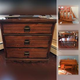 MaxSold Auction: This online auction features a vintage Lester Betsy Ross spinet piano and bench, antique ship hatch table, vintage Bassett dresser and chest of drawers, wrought iron bistro set, antique and vintage metal and wood decor items, wood model sailboats, original art and lithographs, vintage glass paperweights, genuine Navajo rugs, vintage Remington Rand typewriter, antique leather mail carrier bag, vintage books, costume jewelry, decor, kitchenware, small appliances, Rogers Bros. flatware and much more!