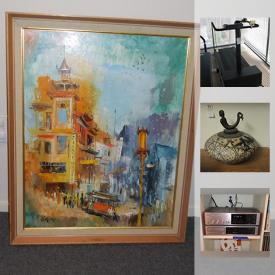 MaxSold Auction: This online auction features ART: Many pieces of pottery, sculpture, ceramics, glass, basket, stained glass, framed/signed - prints, paintings, photographs; triptych; paper wall hangings; needlework. FURNITURE: Unusual painted cowboy drop leaf table, patchwork snake looped "chair"; painted coffee table; tree branch headboard; drafting table and much more! VINTAGE: Rosewood cabinets; medical bags. ELECTRONICS: Kyocera stereo components. GLASS/CRYSTAL: Art; Waterford tumblers; green stemware; signed Tiki glasses. CHINA/CERAMIC: Saenger art pottery tea set; handmade ceramic dish set; PLATTERS. SPORTING GOODS: Thule bike rack; tennis; surfboard. EXERCISE EQUIPMENT. CHILDREN/BABY. OUTDOOR: Patio furniture, lawn and garden and much more!