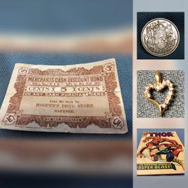 MaxSold Auction: This online auction features vintage currency, collectors pins, sports cards, photos, jewelry, comics, books, violin bow, shells, gemstones, fishing lures, and much more!