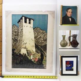 MaxSold Auction: This online auction features ART: Lithographs, photogravure, chromolitograph, engravings, linocut, posters, pastel. VINTAGE: Typewriter; luggage; LP's. GLASS: Art glass bowl and much more!