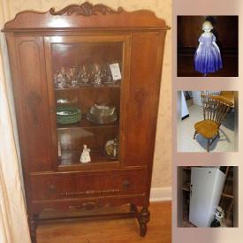 MaxSold Auction: This online auction features ANTIQUE: Balloon back chair. VINTAGE: Or older - dining room set - cabinet, sideboard, table and six chairs; washstand; linens; rocking chair; metal two-tier table; aluminum trays; clothing; sunbeam mixmaster; telephone desk and chair; Log Cabin quilt; LP's. Sterling silver salt and pepper. Silver plate. GLASS/CRYSTAL: Anchor Hocking "Crown Point" cut glass punch bowl set; Star Dust stemware and plates; opalescent/hobnail bowl; milk glass vases and lamps; cranberry ; serving pieces. FURNITURE: Pine corner cabinet, c. 1953 Pepplers' dresser and chest of drawers; Stathrov server. CHINA: 8 Wedgwood green leaf Majolica plates; tea cup sets; Royal Albert "American Beauty" dishes; Royal Crown Derby " Derby Posies" dishes; Community "Deauville" china. COLLECTIBLE: Royal Doulton figurines; Blue Mountain Pottery vases; costume jewelry; china flowers - Coalport, Radnor, Royal Adderly, Healacraft; Beswick bird. ART: Original by Ralfe Ewing. Woods upright freezer and much more!