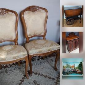 MaxSold Auction: This online auction features ANTIQUE: Furniture - Parlour chairs, slant front secretary/desk, Victorian server, occasional tables; brass log box; 1800's brass French fire chiefs helmet; brass table opera glasses. VINTAGE: Persian wool rugs; photographs; brass statures; Playboy magazines. ART: Original - watercolours, oils, handmade paper/pastel; 925 Italian pictures; Matisse lithograph. COLLECTIBLE: Coins/currency; stamps; WWF cards; Star Wars posters and much more!