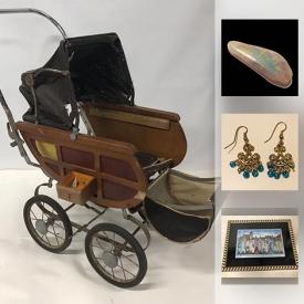 MaxSold Auction: his online auction features ANTIQUE: "Woody" side panel baby carriage; sunglasses, quill, hat pins, shoe clips, pins, buttons, sterling chatelaine with scissors; wicker doll carriage; glazed terracotta bottle and more! VINTAGE: Doll carriage; cribbage board; fabric; and more! OPAL GEMSTONES. JEWELRY: Costume earrings, bracelets, rings and necklaces. ART: Bessie Pease Gutmann print. CHINA: Spode, Limoges, Royal Worcester. GLASS: Amber; cobalt blue, Murano, Luminarc green stem wine glasses. COLLECTIBLE : Train magazines; Hummel and Royal Doulton figurines. Silver plate. Brass coat hooks and much more!