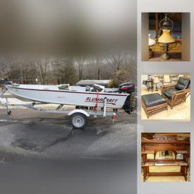 MaxSold Auction: This MaxSold New Jersey Moving online auction featured A T-14V Alumacraft mercury boat with a trolling motor and trailer. ANTIQUE: Many pieces of furniture; buggy bench, wash tub and wringer; shoe forms; leaded glass panel; chalkboard; sleds; benches; chestnut roaster and more! FURNITURE: Adirondack style rockers; white wicker; bedroom; living room; Bernhardt leather chaises. VINTAGE: Grape basket; lamps; metal gate; wicker chair and ottoman; textile spools; suitcases; stools; oil lamps; bread box; blanket chest; tool box and printer's tray; crockery; wooden wagon; dough trough and sifters; child's desk; COLLECTIBLE: Pewter; quilts; "Little Souls" dolls; enamelware; hobnail/opalescent glass; ceramic fruit and veggies. CHINA. GLASS. ART: Limited edition prints, photo's, bronze sculpture. ELECTRONICS: Slingbox Pro HD; Casio keyboard and much more!