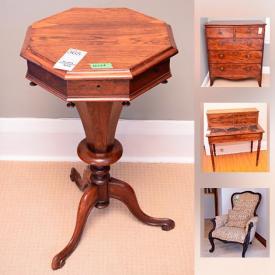 MaxSold Auction: This online auction features Victorian walnut sewing stand, Georgian mahogany chest of drawers, Biedermeier marble top chest of drawers, 6’ aluminum ladder, 19th century griffin motif vase, Samsung 32” flatscreen TV, retro Toshiba TV, children’s toys, signed prints, and much more!