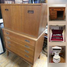 MaxSold Auction: This online auction features crocks, Vintage fishing tackle box, antique wood commode side table, vintage wood ornamental horse, Antique New Williams treadle sewing machine cabinet, Antique War print, Ikea PS chairs, wood valet, crystal stemware glasses, mid century teak framed oil painting, Vintage Fur Coat, Royal Albert Petit Point China, Waterford crystal and much more!