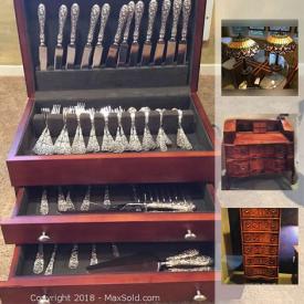 MaxSold Auction: This online auction features furniture such as teak open bookshelf, bird’s eye maple and granite hutch, and Italian writing desk, art such as OTSUKA framed paintings, blown glass art, and custom stained glass pieces, S. Kirk Repousse Sterling Flatware, and much more!