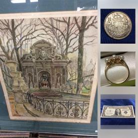 MaxSold Auction: This online auction features COLLECTIBLE: Coins, currency, paperweights. JEWELRY: Gold and silver including watches. ART: Prints, carvings. STERLING SILVER: Birks serving dish. And more!