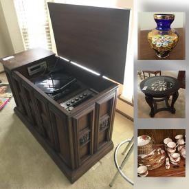 MaxSold Auction: This online auction features VINTAGE: Stereo console; upholstered chair. FURNITURE: Wood and metal coffee and end table, patio. COLLECTIBLE: Cars; tea cups sets; china florals. CRYSTAL/GLASS: Cut/pressed; blue hand painted vases; red jar; pitcher and glass set; stemware; depression; ruby flash thumbprint desert bowls; art. CHINA; Royal Albert "Old Country Rose"; misc. serving pieces. Silver plate. Westinghouse fridge; Tools. Yard and Garden. Camping and much more!