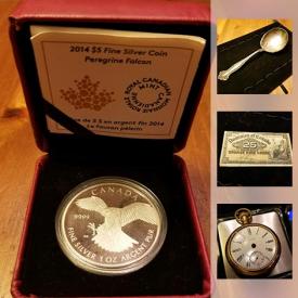 MaxSold Auction: This online auction features 1 ounce 999 2014 $5 Silver Coin Royal Canadian Mint, Monarch Precious Metals .999 fine Silver 5 grams, 1988 Silver Maple Leaf Collection .9999 Pure Silver, 2003 Isle of Man 1/25 Oz Gold cat .999 Pure Gold, 1876 One Cent, 1876 1976 $1 Centennial of Canadian Confederation, 1973 $1 Bill Canada, 1986 $2 Bill Canada, and much more!