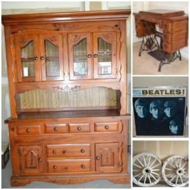 MaxSold Auction: This online auction features: authentic antique wagon wheels; furniture including a Broyhill china cabinet and reclining wingback chairs; vintage mantle clocks; a vintage Singer sewing machine and an antique Singer cabinet; collectible stoneware and crocks; vintage toys; sports collectibles; an antique cash register; vintage vinyl including the Beatles; hat pin collection; doll collection including Cabbage Patch Kids; vintage books including Colorado and Its People; an antique scrapbook and much more!