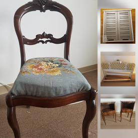 MaxSold Auction: This online auction features ANTIQUE: Balloon back, needlepoint seat chair. STERLING SILVER: Flatware. Cherry breakfront. VINTAGE: Thomasville headboard; Charak Furniture Co. nightstands; ladies gloves. GLASS: Cut/pressed serving pieces, blue stemware. ELECTRONICS and more!