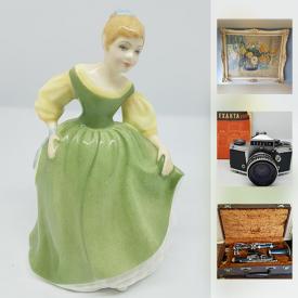 MaxSold Auction: This online auction features ANTIQUE: Bow front dresser. VINTAGE: Art Deco vanity stool; photo equipment; 45 and 78 rpm records; toys; magazines; tool box and tools; mason jars. COLLECTIBLE: Cameras including Brownies; crockery; cast iron; costume jewelry; Royal Doulton figurines. ELECTRONICS: Reel to reels; audio. Henkin clarinet. CHINA: Tea cups sets; Japanese Satsuma; green Wedgwood Jasper ware. GLASS: Pink; light shades and much more!