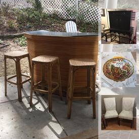 MaxSold Auction: This online auction features Wedgwood china, Waterford crystal, antique convex mirror, tiki bar with stools, silver plated tray, silk covered chairs and much more!