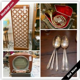 MaxSold Auction: This online auction features an ANTIQUE: Side chair with needlepoint seat. FURNITURE: MCM bar and furniture. VINTAGE: Kitchen items including Pyrex and Fire King; glass tumbler sets in metal carriers; toys/books; pink ceramics; Crown canning jars; bar ware; c. 50's Zenith Porthole TV. COLLECTIBLE: Chatty Cathy doll; kitchen pottery; Majolica; LP's; McCoy vase; bakelite handled knives; copper/brass; tole trays. Handmade: Afghans, knitted blankets; crocheted tablecloths; quilts. Boosey and Hawkes brass French horn. CHINA. GLASS/CRYSTAL and much more.