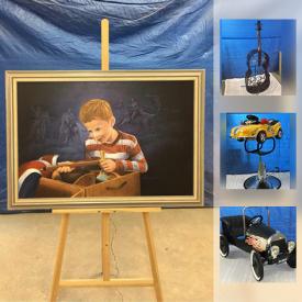 MaxSold Auction: This online auction features a Murray Killman oil painting; pedal car, an oil painting on canvas; cello wine holder; kids barber chair and more!