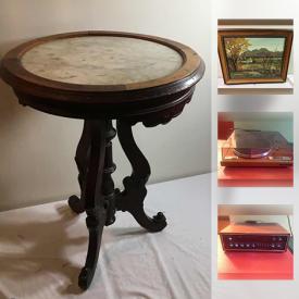 MaxSold Auction: This online auction features ANTIQUE: Oak side table with a marble top, wood candlesticks, tapestry. CRYSTAL/GLASS: Orrefors, Sweden and Val St Lambert, Belgium serving pieces; art glass; Waterford candlesticks; decanters. COLLECTIBLE: Blue Mountain Pottery vase; plates; pottery including Roseville; tins. CHINA: Assorted cake plates; Japanese; Mikasa "Natural Beauty" and "California Poppies" dish sets. ART: Antique engravings, mixed media, abstract, and watercolour. HANDMADE. VINTAGE: Hermle brass clock and barometer; Canadian spinning wheel; cookie jars. Men's clothing, fur hats. ELECTRONICS and much more!