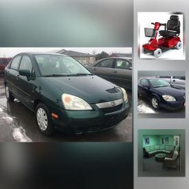 MaxSold Auction: This online auction features 2002 Suzuki Aerio, 2008 Blue Pontiac G5, furniture, RotoSpa Hot Tub with Cover, household appliances, medical scooter, storage shed and much more!