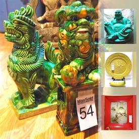 MaxSold Auction: This online auction includes collectibles such as Cloisonné pieces, silverplate, Fitz & Floyd servingware, and vintage 50s postcards, art such as antique Mongolian wood sculpture, Chinoiserie, and statuettes, spice box, woven baskets, brass sconce, and much more!