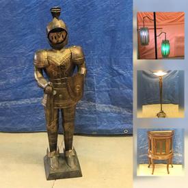 MaxSold Auction: This online auction features Antique: Art Nouveau Floor lamp; books; buttons; printing roller; carved wooden doors. VINTAGE: Art, floor lamp, metal knight, Fonzi pinball machine in Box; magazines. COLLECTIBLES. Opalescent hobnail cream,sugar and much more!