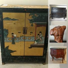 MaxSold Auction: This online auction features an Asian side cupboard with gold guild and geisha themed front, Two numbered Chinese 14 inch tall ceramic figurines, Bronze colored metal and wood chandelier, six panel Asian room diverted screen, Gold gilded ornately carved wood framed mirrors and much more!