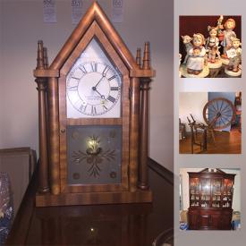 MaxSold Auction: This online auction features Sterling silver pieces. Antique spinning wheel. Vintage furniture including 3 rockers, hall tree, twin brass bed, oak dresser and mirror; chocolate molds; vanity sets. Collectible: Steiff and Hummel collections, Lladro; Beanie Babies; Jim Shore and George Carruth figurines; Redskins memorabilia. GLASS/CRYSTAL: HUGH Waterford crystal collection; milk glass including a punch bowl set. CHINA: Belleek; Goebel; Wedgwood "Potpourri" dishes and serving pieces; Polish dishes and much more!