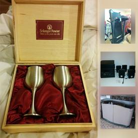 MaxSold Auction: This online auction features a Selangor pewter goblet set of two. Storage solutions: 3 TIER metal and basket serving pieces, metal shelving; Rubbermaid unit. Horizon treadmill and much more!