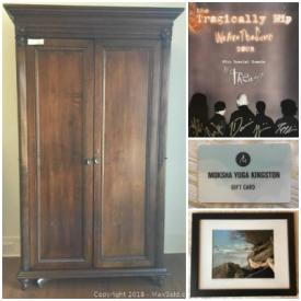 MaxSold Auction: This auction features One Hour Flight For Two Over The Thousand Islands, Original Art By Helen Fenton, Durham Furniture Wooden Wardrobe, Framed Photograph By Iris Russak, Autographed event poster for The Tragically Hip, Antique Rocking Chair, and much more!